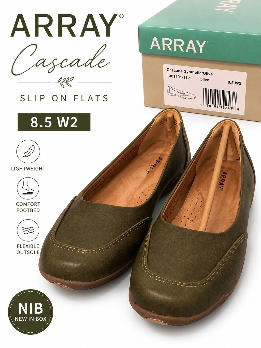 NIB ARRAY Cascade Olive Green  Slip-On Flats Size 8.5 Wide